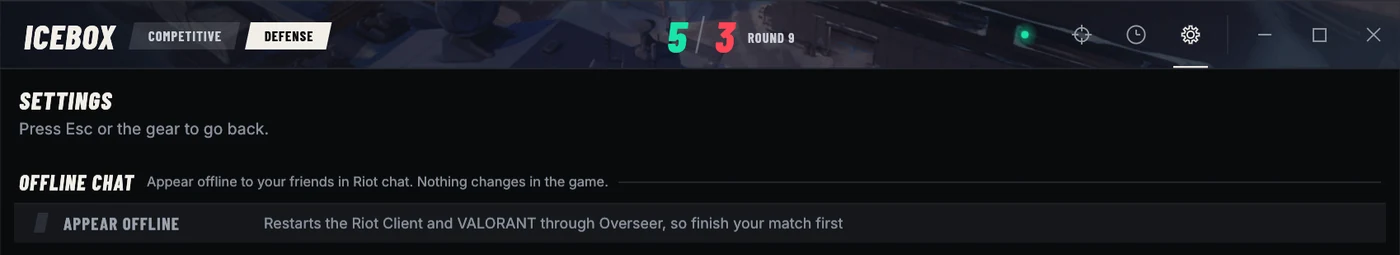 Overseer's Settings screen with the Offline Chat section: Appear Offline, which restarts the Riot Client and VALORANT through Overseer